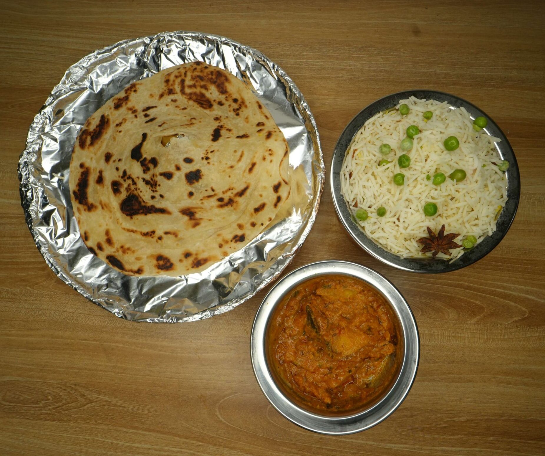 Peas Pulao+Kashmiri Aloo Dum+Lacha Paratha